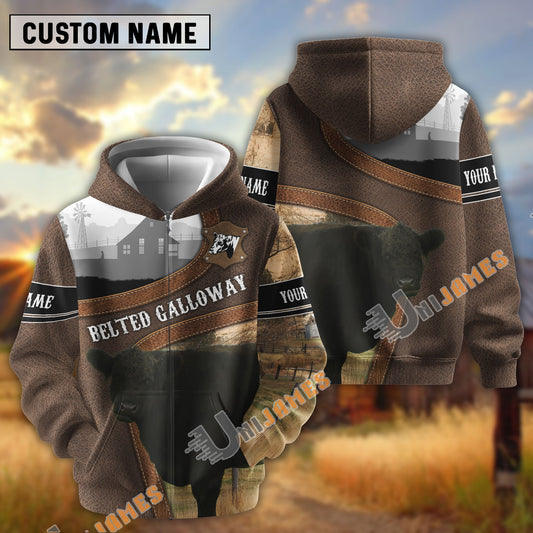 Uni Belted Galloway Light Leather Pattern Personalized Name and Farm Name Color Mixed 3D Hoodie