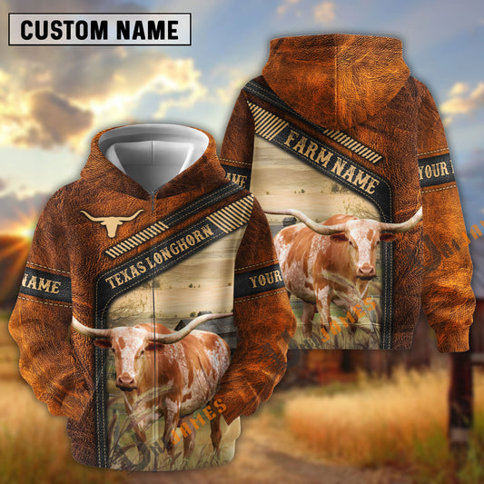 Uni Texas Longhorn Dark Leather Pattern Personalized Name and Farm Name Color Mixed 3D Hoodie