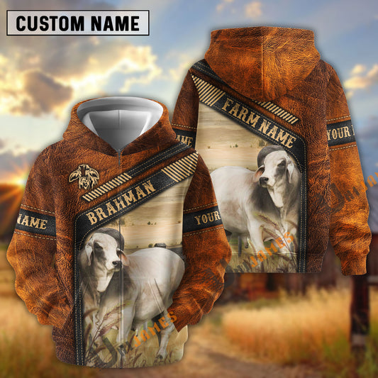 Uni Brahman Dark Leather Pattern Personalized Name and Farm Name Color Mixed 3D Hoodie