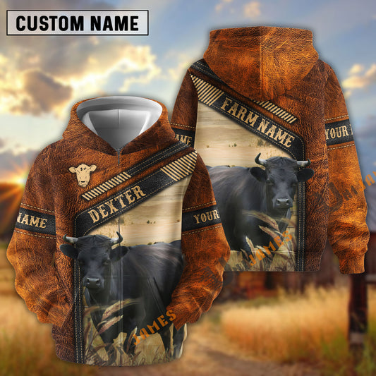 Uni Dexter Dark Leather Pattern Personalized Name and Farm Name Color Mixed 3D Hoodie