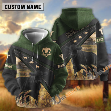 Uni Black Angus Black Moss Leather Pattern Personalized Name and Farm Name Color Mixed 3D Hoodie