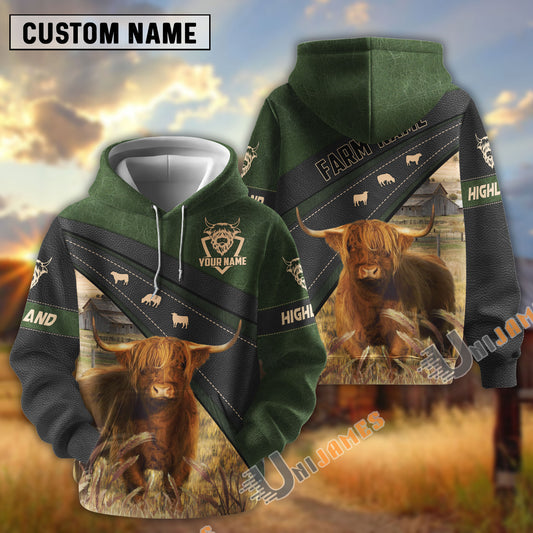 Uni Highland Black Moss Leather Pattern Personalized Name and Farm Name Color Mixed 3D Hoodie