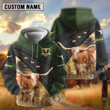 Uni Texas Longhorn Black Moss Leather Pattern Personalized Name and Farm Name Color Mixed 3D Hoodie