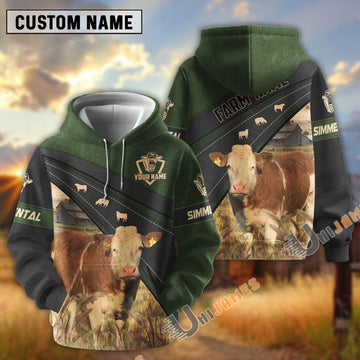 Uni Simmental Black Moss Leather Pattern Personalized Name and Farm Name Color Mixed 3D Hoodie