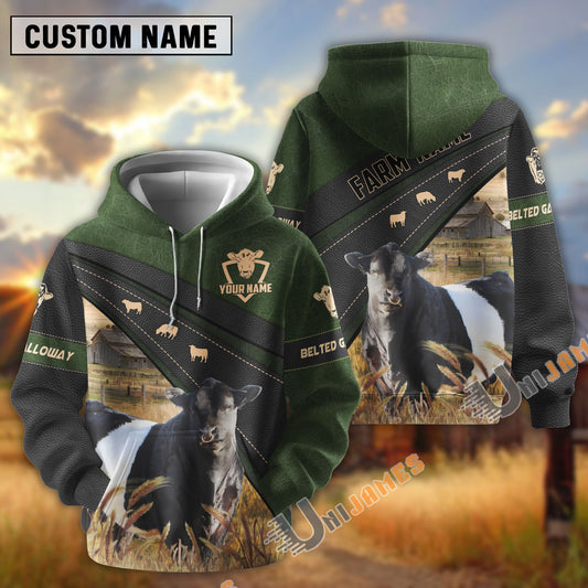 Uni Belted Galloway Black Moss Leather Pattern Personalized Name and Farm Name Color Mixed 3D Hoodie