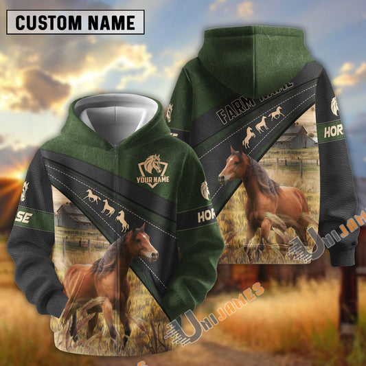 Uni Horse Black Moss Leather Pattern Personalized Name and Farm Name Color Mixed 3D Hoodie