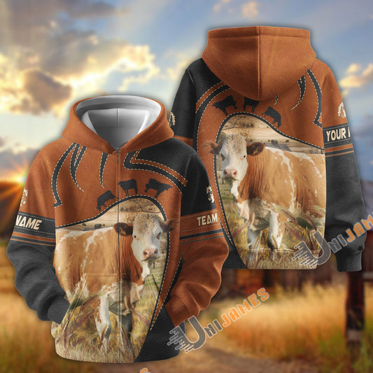 Uni Simmental Leather Pattern Custom Name, Farm Name 3D Hoodie