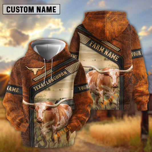 Uni Texas Longhorn Dark Leather Pattern Personalized Name and Farm Name Color Mixed 3D Hoodie