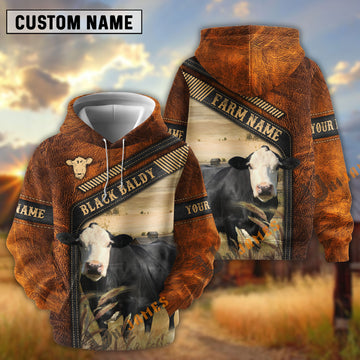 Uni Black Baldy Dark Leather Pattern Personalized Name and Farm Name Color Mixed 3D Hoodie