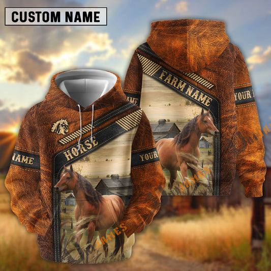 Uni Horse Dark Leather Pattern Personalized Name and Farm Name Color Mixed 3D Hoodie