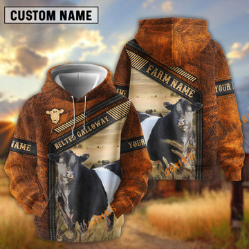 Uni Belted Galloway Dark Leather Pattern Personalized Name and Farm Name Color Mixed 3D Hoodie