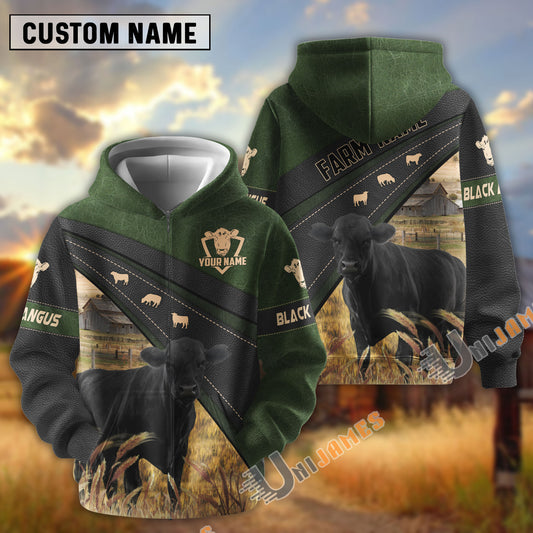 Uni Black Angus Black Moss Leather Pattern Personalized Name and Farm Name Color Mixed 3D Hoodie