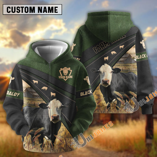 Uni Black Baldy Black Moss Leather Pattern Personalized Name and Farm Name Color Mixed 3D Hoodie