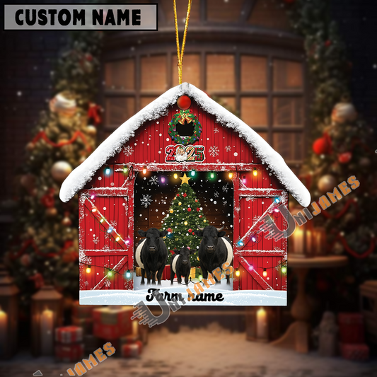 Uni Personalized Belted Galloway Christmas Barn Ornament – Custom Farm Name 2025