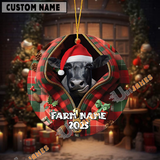 Uni Personalized Farm Name Merry Black Angus Farm Plaid Ornament