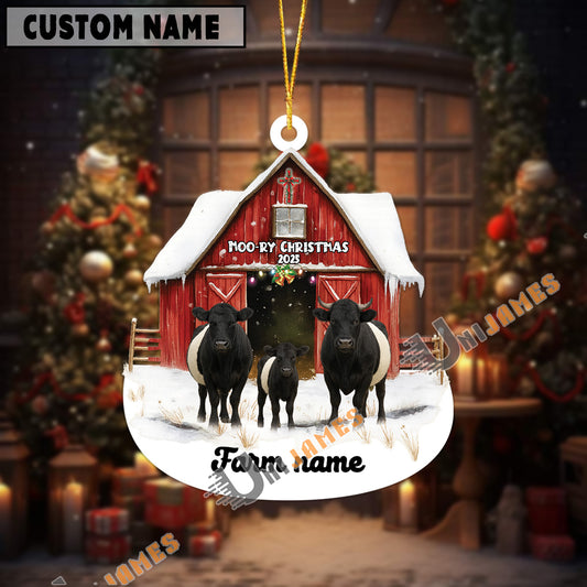 Uni Personalized Belted Galloway Moo-ry Christmas Barn Acrylic Ornament
