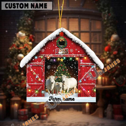 Uni Personalized Brahman Christmas Barn Ornament – Custom Farm Name 2025