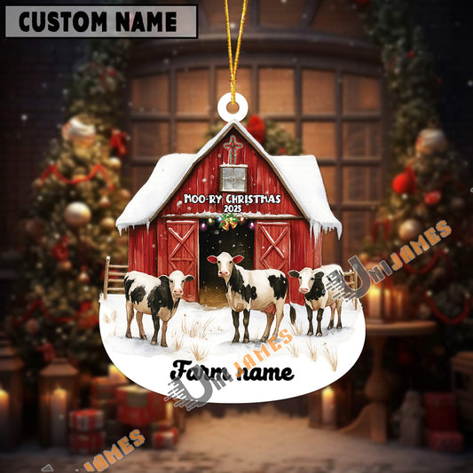 Uni Personalized Holstein Moo-ry Christmas Barn Acrylic Ornament