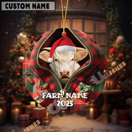 Uni Personalized Farm Name Merry Charolais Farm Plaid Ornament