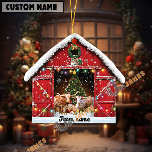 Uni Personalized Texas Long Horn Christmas Barn Ornament – Custom Farm Name 2025