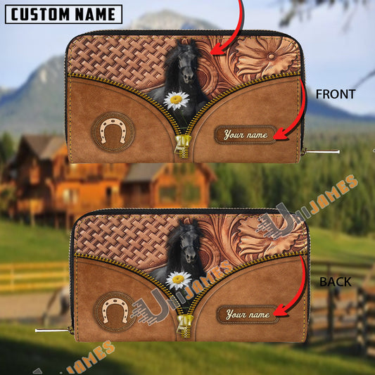 Uni Friesian Center Zip Pattern Custom Name 3D Leather Clutch