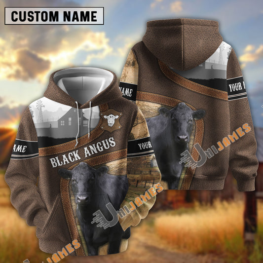 Uni Black Angus Light Leather Pattern Personalized Name and Farm Name Color Mixed 3D Hoodie