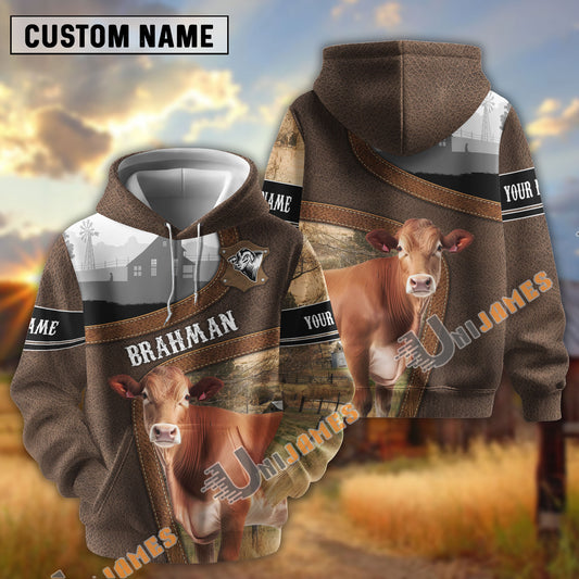 Uni Brahman Light Leather Pattern Personalized Name and Farm Name Color Mixed 3D Hoodie