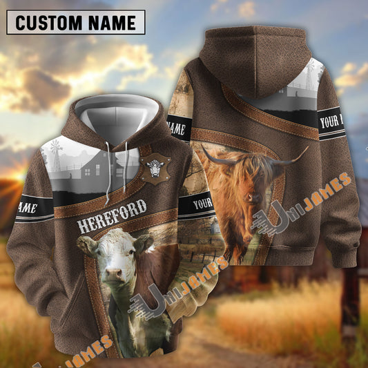 Uni Hereford Light Leather Pattern Personalized Name and Farm Name Color Mixed 3D Hoodie