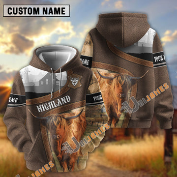 Uni Highland Light Leather Pattern Personalized Name and Farm Name Color Mixed 3D Hoodie