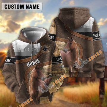 Uni Horse Light Leather Pattern Personalized Name and Farm Name Color Mixed 3D Hoodie