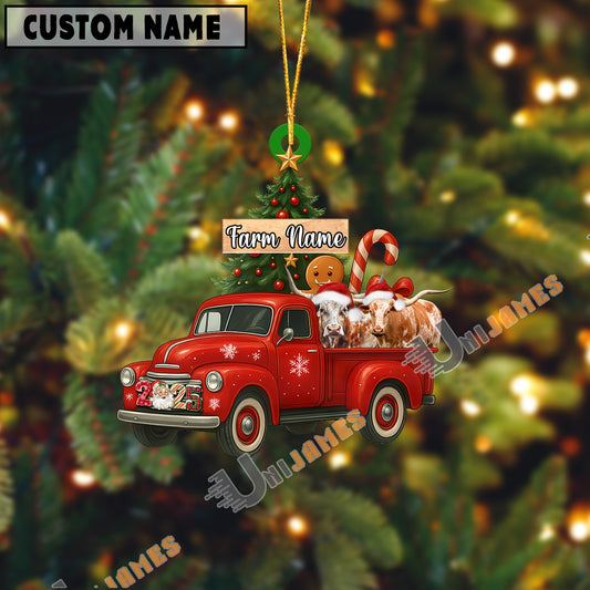 Uni Personalized Texas Long Horn Ornament – Red Christmas Truck & Farm Name Custom Shape Acrylic Ornament