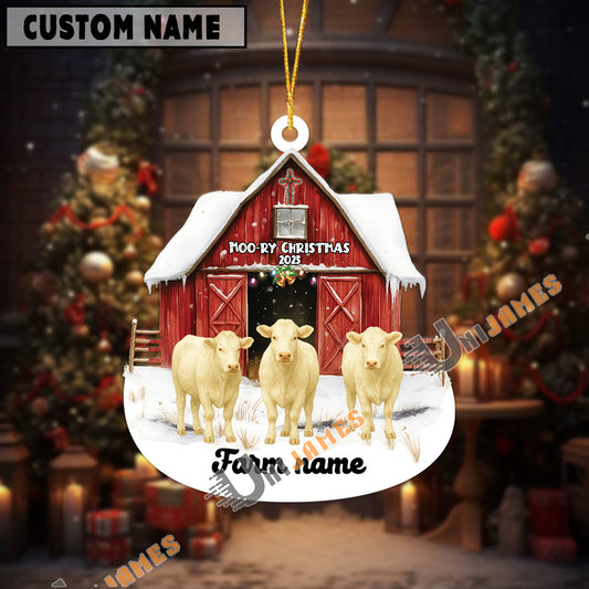 Uni Personalized Charolais Moo-ry Christmas Barn Acrylic Ornament