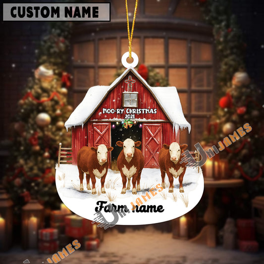 Uni Personalized Hereford Moo-ry Christmas Barn Acrylic Ornament