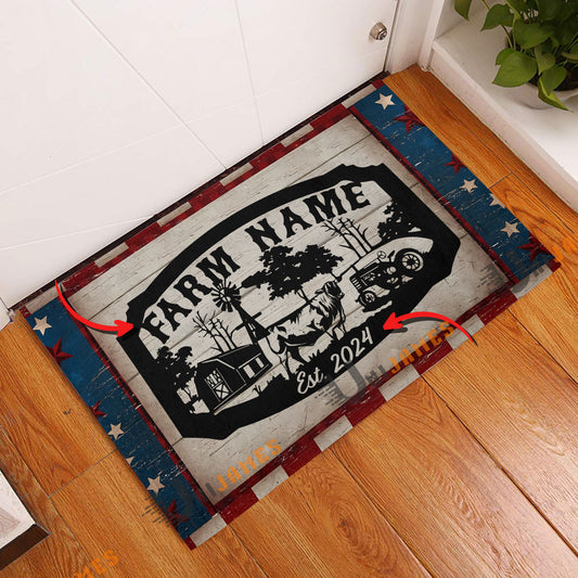 Uni Black Angus Red Blue Star Custom Farm Name And Year Doormat