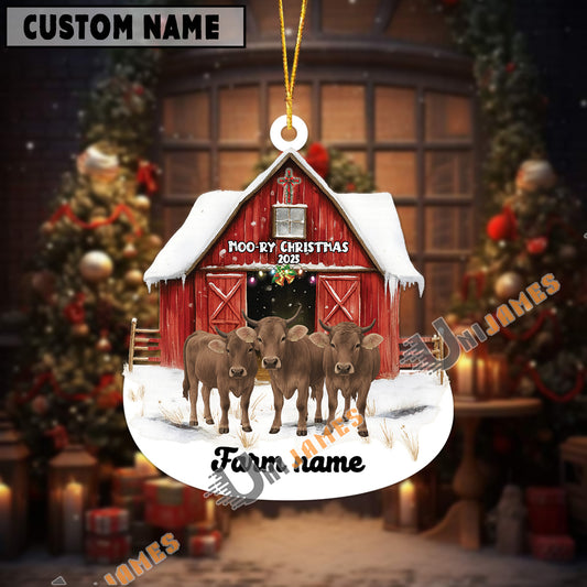 Uni Personalized Brown Swiss Moo-ry Christmas Barn Acrylic Ornament