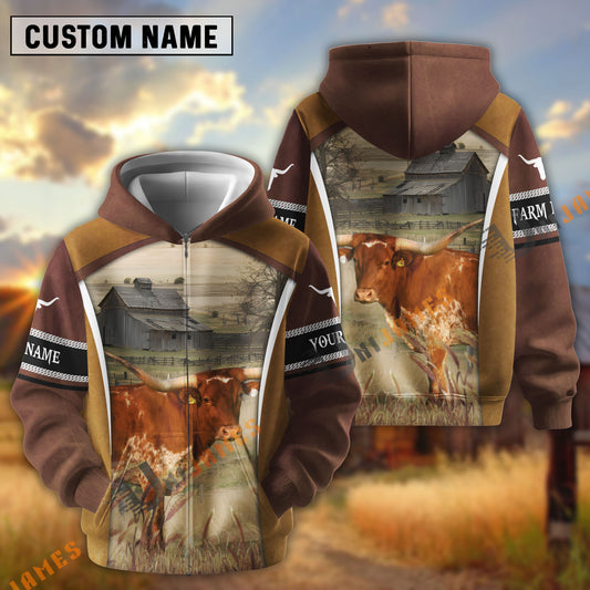 Uni Texas Longhorn Personalized Name and Farm Name Color Mixed 3D Hoodie