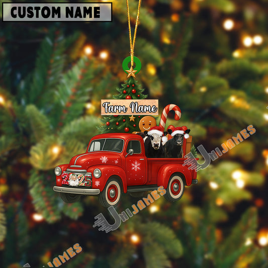 Uni Personalized Belted Galloway Ornament – Red Christmas Truck & Farm Name Custom Shape Acrylic Ornament