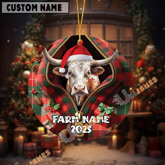 Uni Personalized Farm Name Merry Texas Long Horn Farm Plaid Ornament