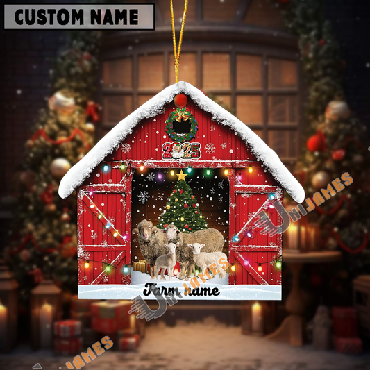 Uni Personalized Sheep Christmas Barn Ornament – Custom Farm Name 2025