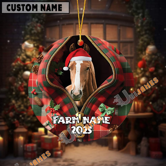 Uni Personalized Farm Name Merry Horse Farm Plaid Ornament