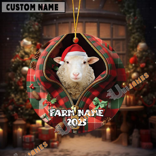 Uni Personalized Farm Name Merry Sheep Farm Plaid Ornament