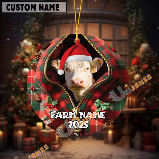 Uni Personalized Farm Name Merry Hereford Farm Plaid Ornament
