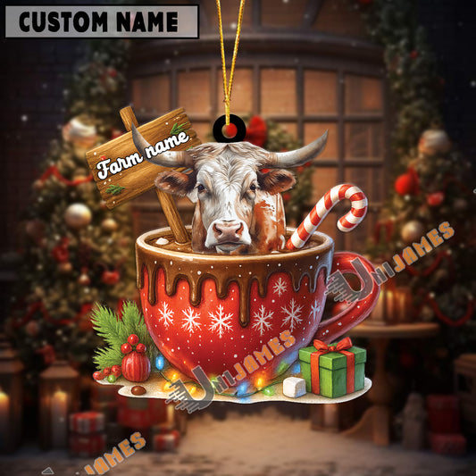 Uni Personalized Texas Long Horn Moo-ry Christmas Cocoa Mug Acrylic Ornament