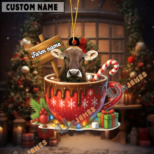 Uni Personalized Brown Swiss Moo-ry Christmas Cocoa Mug Acrylic Ornament