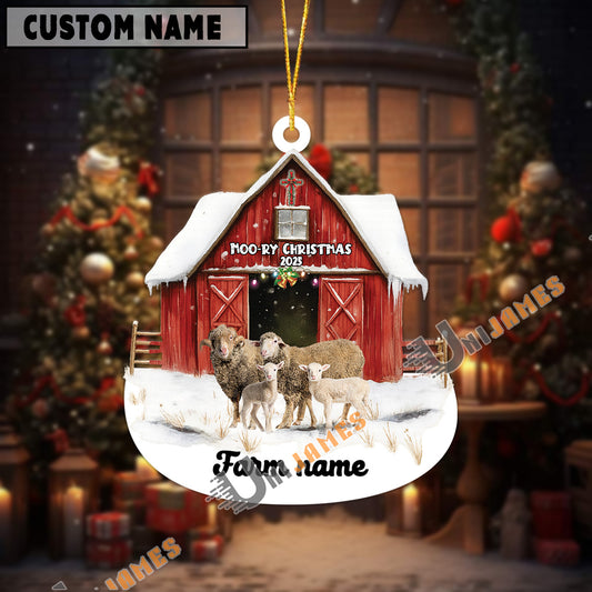 Uni Personalized Sheep Moo-ry Christmas Barn Acrylic Ornament