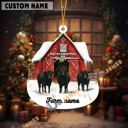 Uni Personalized Black Angus Moo-ry Christmas Barn Acrylic Ornament