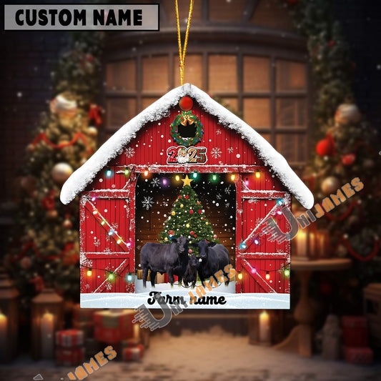 Uni Personalized Black Angus Christmas Barn Ornament – Custom Farm Name 2025