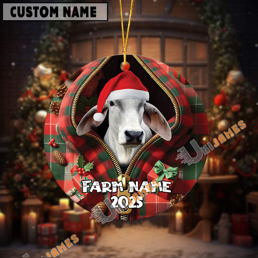 Uni Personalized Farm Name Merry Brahman Farm Plaid Ornament