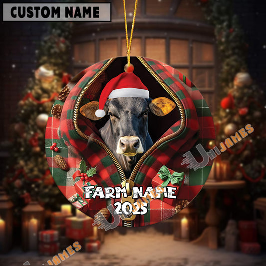 Uni Personalized Farm Name Merry Brown Swiss Farm Plaid Ornament
