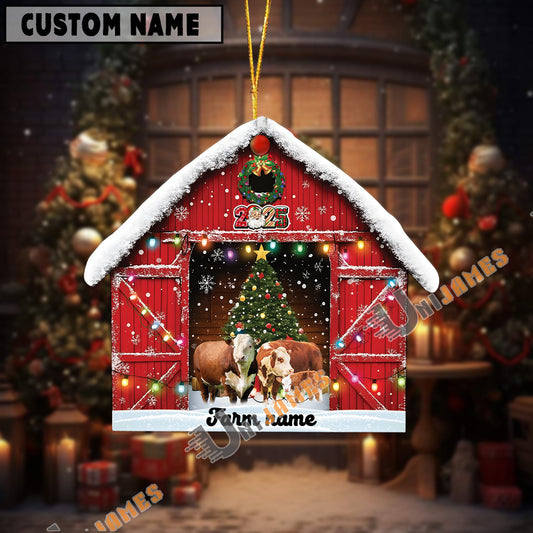 Uni Personalized Hereford Christmas Barn Ornament – Custom Farm Name 2025